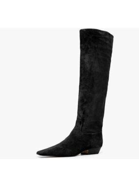 Black Suede Square Toe Knee High Boot Wide Calf Low Chunky Heels Long Boot